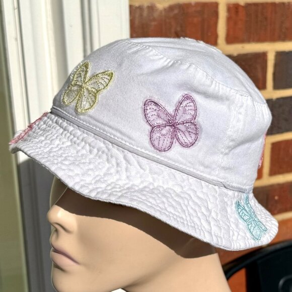 Handmade Kids Upcycled One Of A Kind White Bucket Hat With Colorful Butterflies - Picture 4 of 12